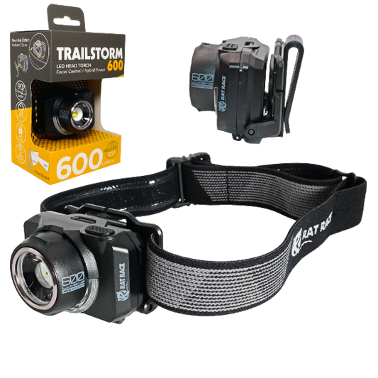 Black headlamp with strap, packaging labeled 'Trailstorm 600', and additional headlamp on a white background.