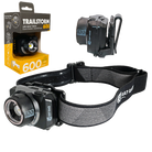 Black headlamp with strap, packaging labeled 'Trailstorm 600', and additional headlamp on a white background.