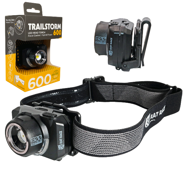 Black headlamp with strap, packaging labeled 'Trailstorm 600', and additional headlamp on a white background.